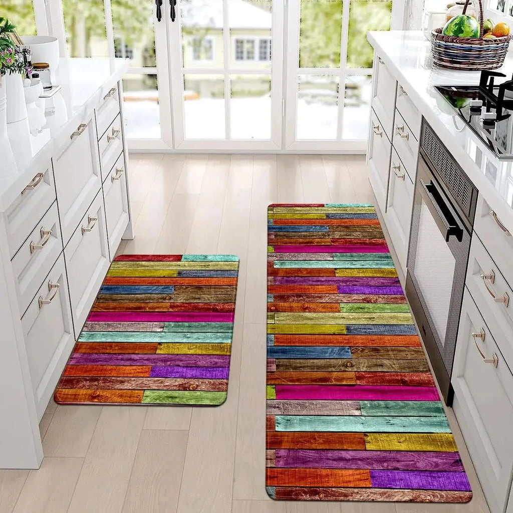 Nouveaux Tapis de Sol de Cuisine à Panneaux de Bois Arc-en-Ciel, Tapis Antidérapants pour Buanderie, Salle de Bain, Entrée, Tapis de Décoration Intérieure