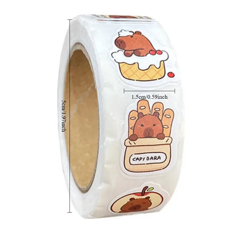 Rollo de 500 pegatinas de capibara de PVC impermeable, autoadhesivas, con diseño de animales y comida, perfectas para portátiles, álbumes de recortes y teléfonos.