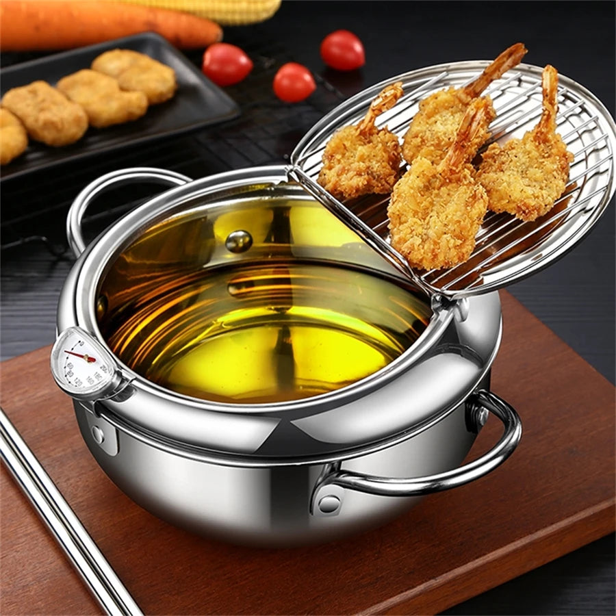 Olla japonesa para freír con termómetro y tapa, sartén freidora de tempura de acero inoxidable 304, 20 24 cm