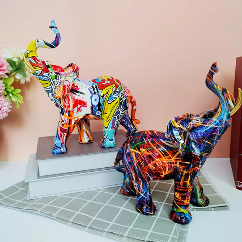 Decoración del hogar Pintura nórdica Escultura de elefante de grafiti Figurita de elefante de arte Estatua de elefante creativa Artesanía de resina Adornos decorativos
