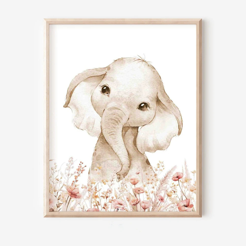 Póster de lienzo de animales lindos, elefantes, jirafas y gatos, con diseño moderno nórdico, para sala de estar, sala de juegos, habitación de niños y decoración del hogar