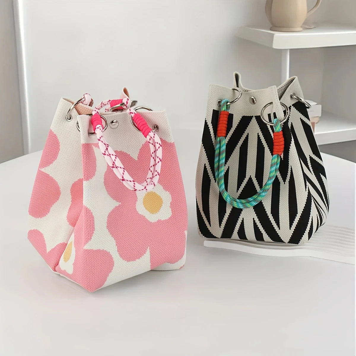 Bolso tote de punto vintage floral para mujer, bolsa de almacenamiento ligera con correas ajustables y anillos de metal, cierre de broche para viajes casuales