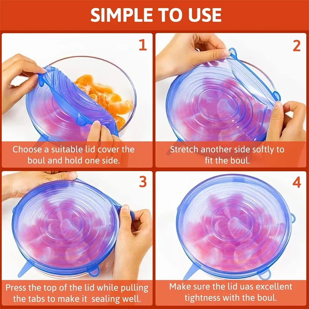 6PCS Food Grade Silicone Bowl Covers – Universal Elastic Round Lids with Airtight Seal – Reusable Kitchen Food Savers