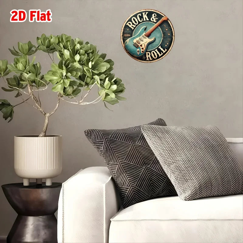 Señal de hojalata de metal de aluminio, con temática de guitarra de rock and roll, 2D PLANA, 1 pieza, arte de pared grabado en lámina para el hogar y la oficina