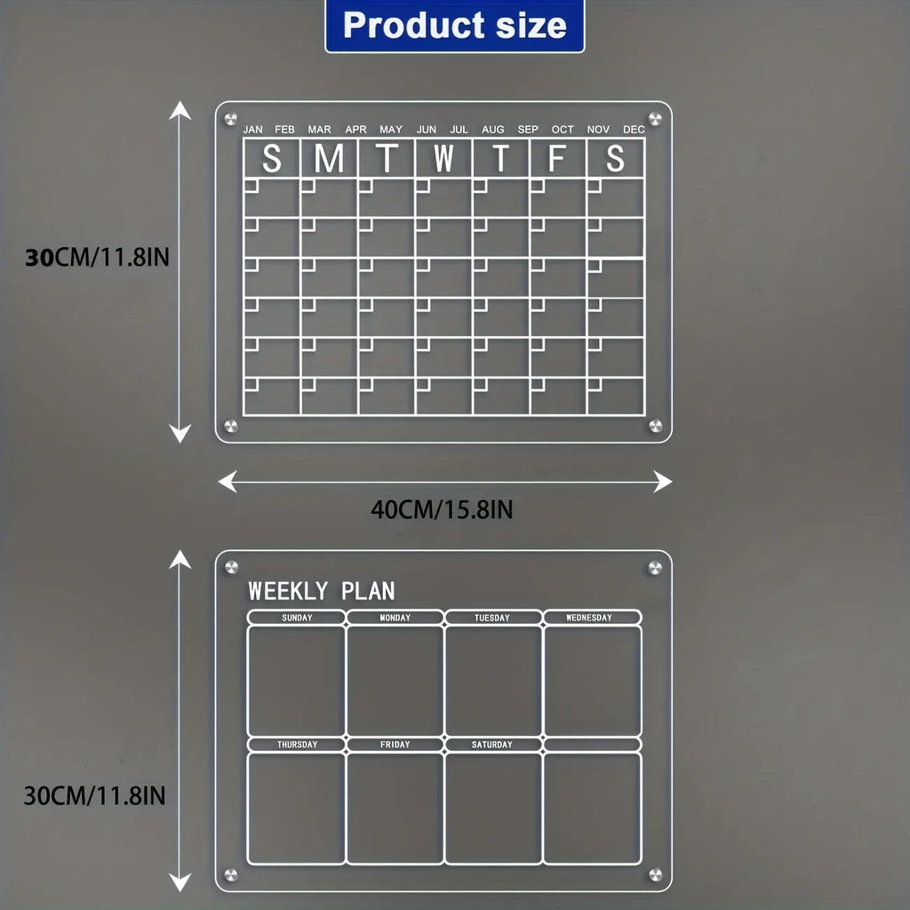 Premium Fridge Board – Clear Acrylic Weekly/Monthly Calendar, Dry/Wet-Erase Memo & Note Organizer