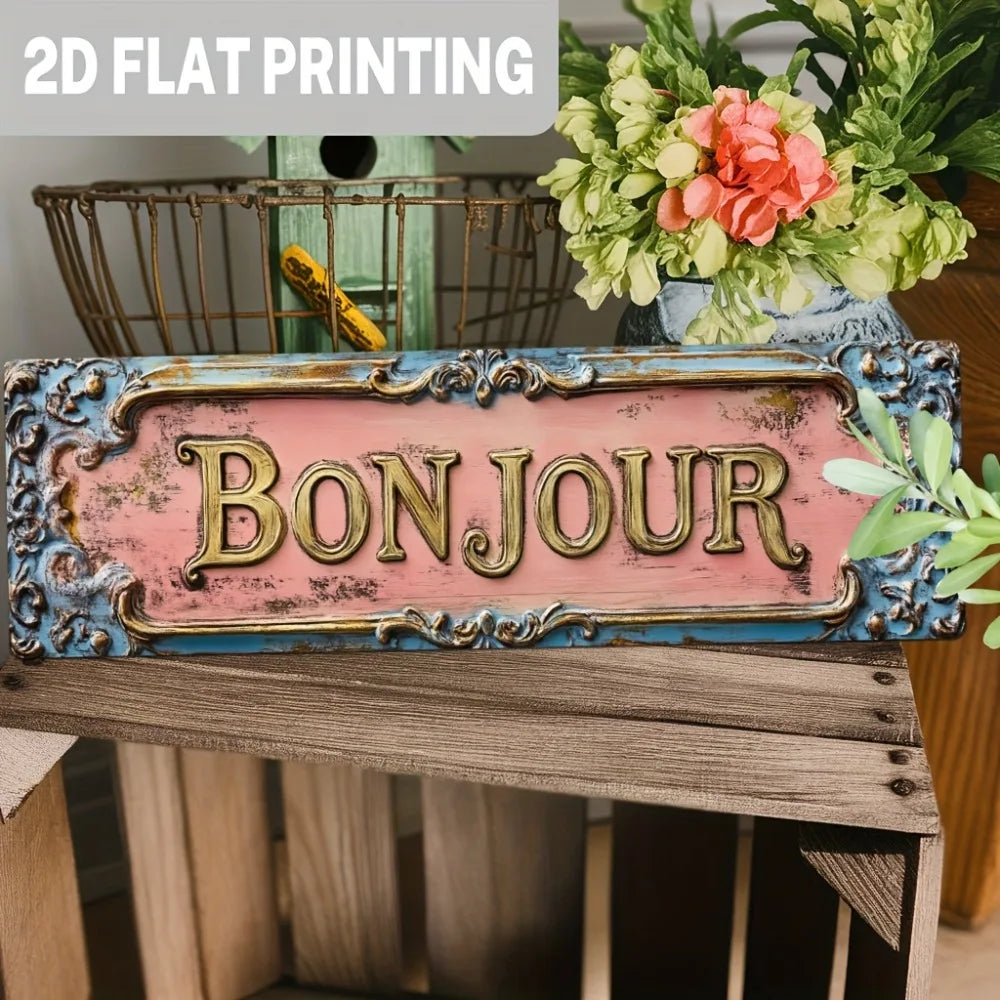 Cartel de madera vintage francés "Bonjour" - Decoración floral parisina para cafetería de 5x16", arte para sala de estar o dormitorio