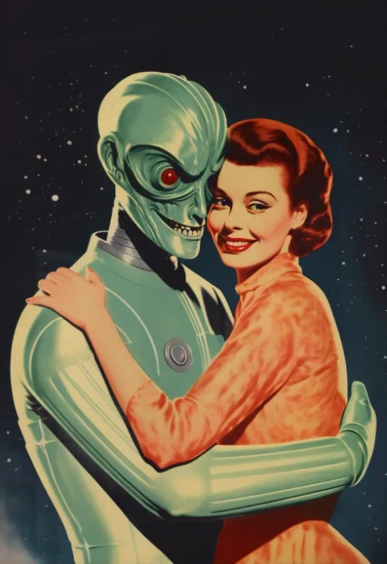 Póster Artístico de Viajes Espaciales, Cómic Vintage, Póster Alienígena Divertido, Alienígena con Decoración Humana para Pared, Humor de Bar, Decoración Retro, Lienzo Impreso de los 90