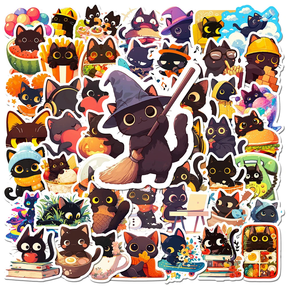 10/30/50pcs Mignon Chat Noir Graffiti Autocollants Esthétiques Décalcomanies Réfrigérateur Ordinateur Portable Téléphone Drôle Papeterie Autocollant Jouets pour Enfants