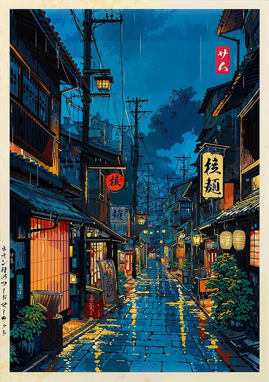 Tokio Paisaje Anime Ilustración Lámina Póster Escena Nocturna Japonesa Fuji Estilo Pintura Vintage Arte Decorativo Lienzo Arte de Pared Retro