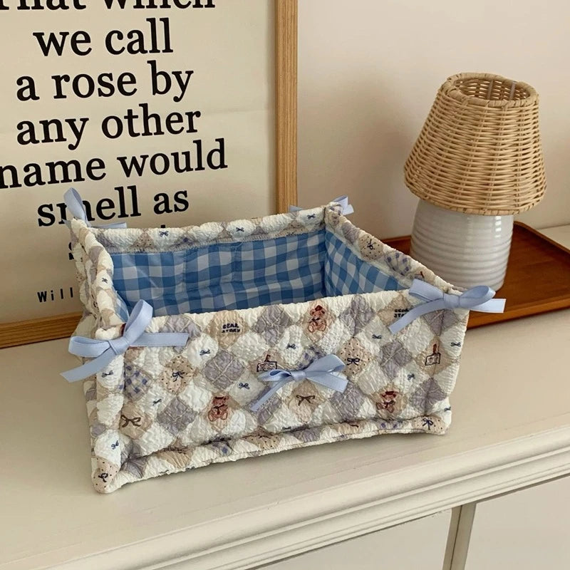 Cesta de almacenamiento cuadrada con encaje y flores, organizador de escritorio, cesta de almacenamiento acolchada coreana, bonita cesta de almacenamiento, decoración del hogar