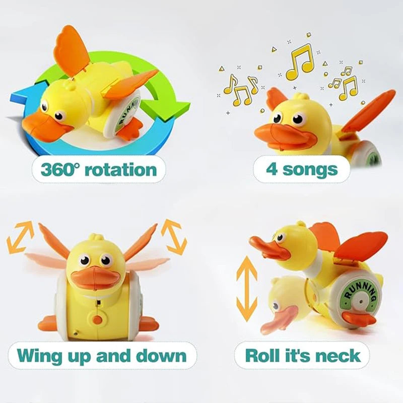 Canard Électrique Rotatif Simulation Recherche de Nourriture Rotation Libre Son&Lumière Musique Tummy Time Jouets de Ramper Jouet Éducatif