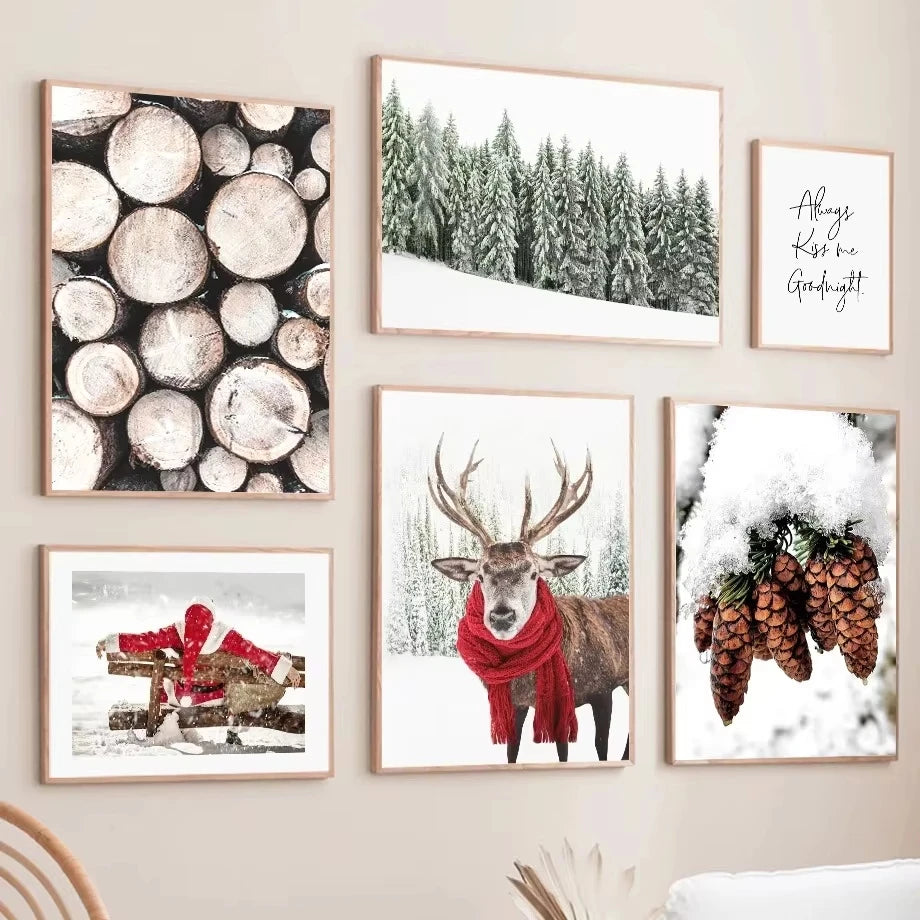 Pintura en lienzo de arte de pared con diseño de paisaje nevado de invierno, póster de Papá Noel de pino y alce e impresión para la decoración navideña del hogar y diseño de sala de estar