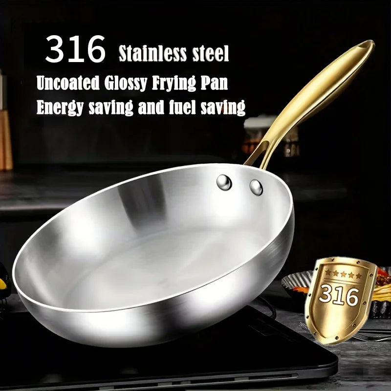 KEMORELA Sartén de Acero Inoxidable 316 con Mango Dorado Wok Antiadherente para Cocinar Filetes Olla Universal para Estufa de Gas