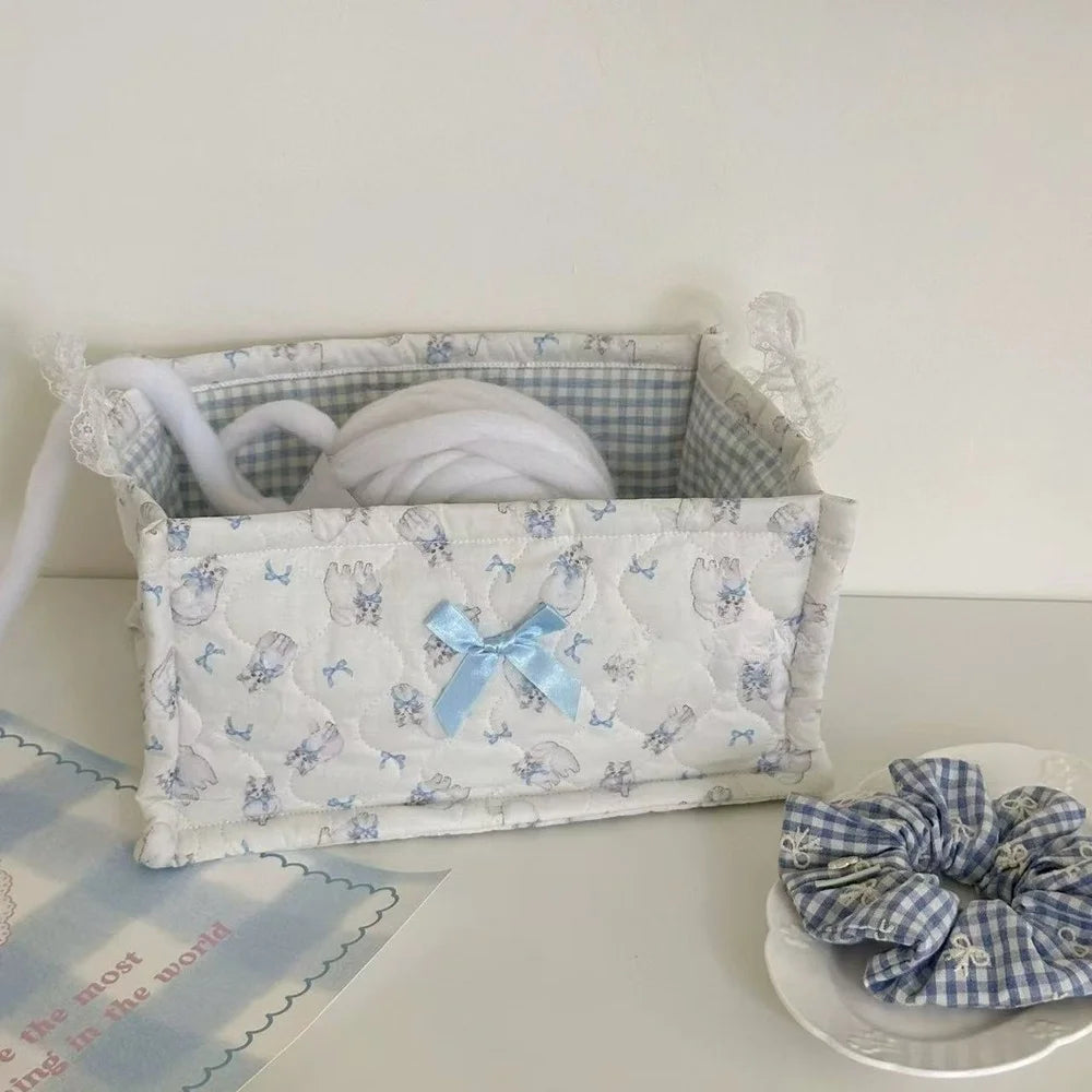 Cesta de almacenamiento cuadrada con encaje y flores, organizador de escritorio, cesta de almacenamiento acolchada coreana, bonita cesta de almacenamiento, decoración del hogar