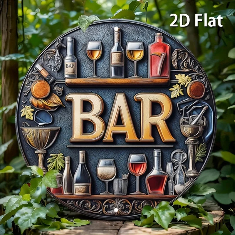 Enseigne murale ronde en métal vintage 2D, 1 pièce - Design élégant de vin et verres, art mural rond en aluminium rétro pour bars, cafés, maisons de plage