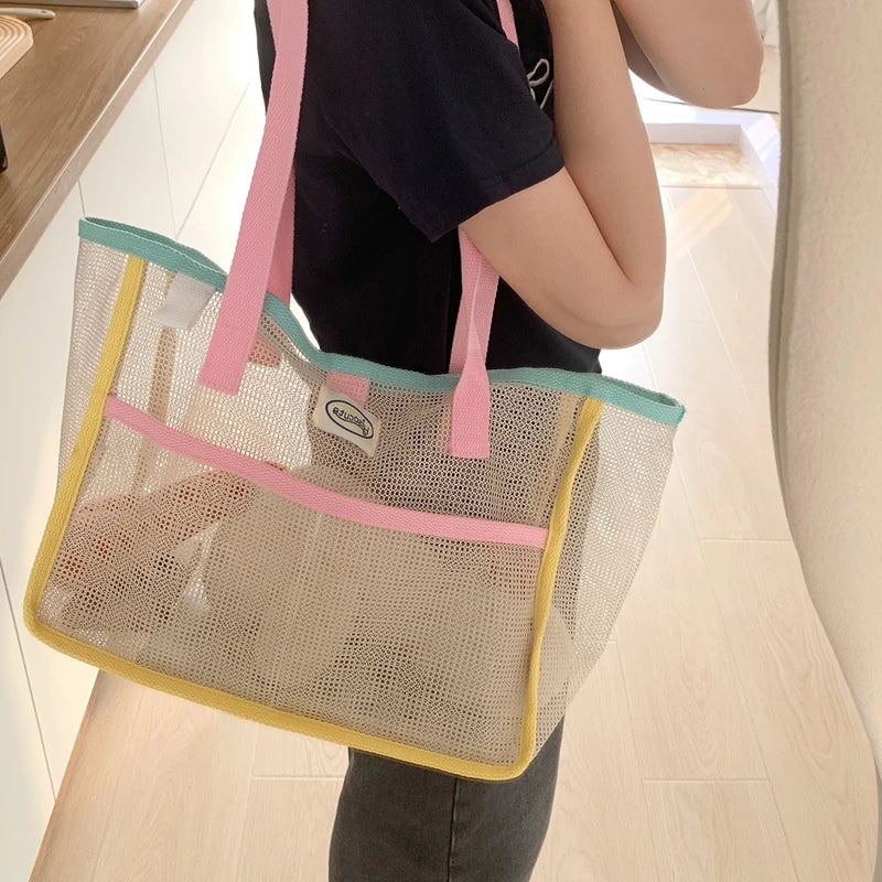 Sac à main d'été pour femmes en maille transparente respirante, sac de plage extérieur pour la douche, sac de plage grande capacité, sac de natation portable