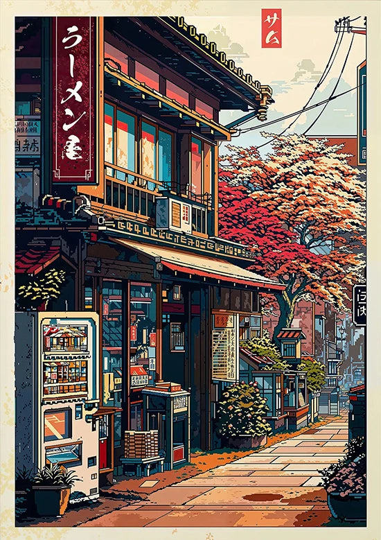 Tokio Paisaje Anime Ilustración Lámina Póster Escena Nocturna Japonesa Fuji Estilo Pintura Vintage Arte Decorativo Lienzo Arte de Pared Retro