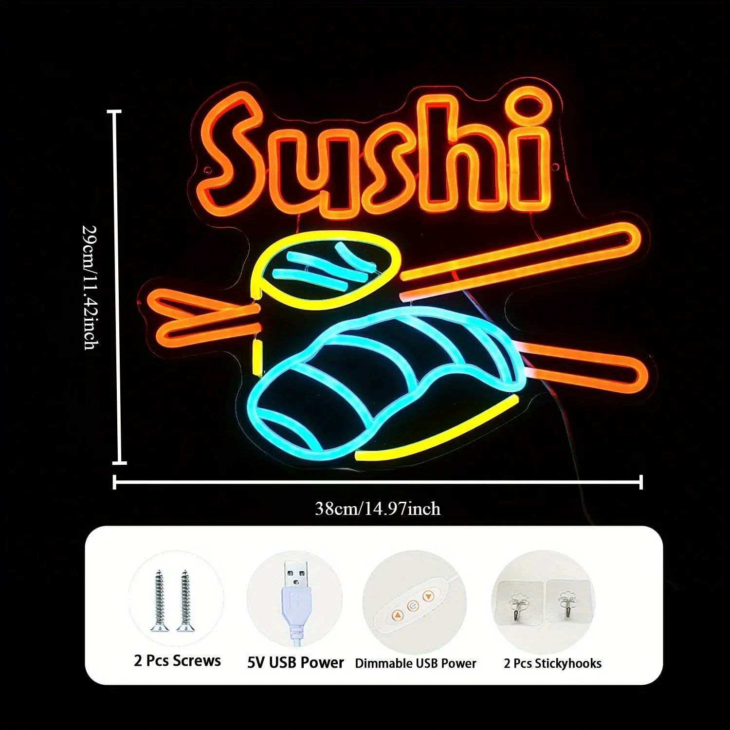 Cartel de neón de sushi LED, cartel de luz de sushi, decoración de pared, alimentado por USB, cartel brillante de neón de sushi para tiendas, restaurantes de sushi, cocinas, fiestas