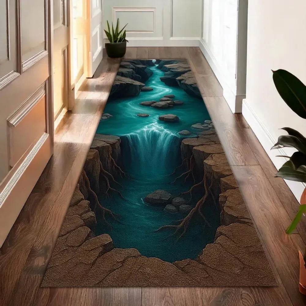Alfombra 3D Cascada Cañón, Estampado Realista de la Naturaleza, Tapete Antideslizante para Sala, Dormitorio, Pasillo, Decoración del Hogar