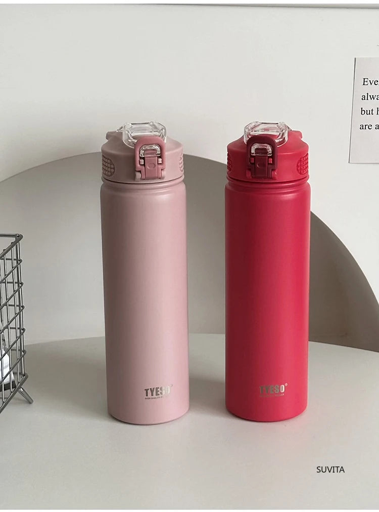 Botella de agua termo TYESO de 600 ml/750 ml con pajita, taza térmica deportiva de acero inoxidable para coche, mantiene el frío y el calor, taza de viaje térmica