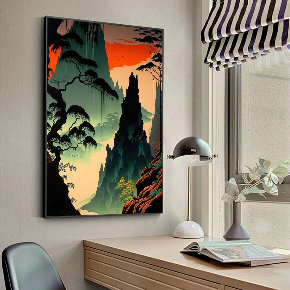 Póster Vintage Zen japonés con paisaje del Monte Fuji, peces Koi, póster HD, pósteres para decoración del hogar, habitación, bar, cafetería, pintura artística para pared