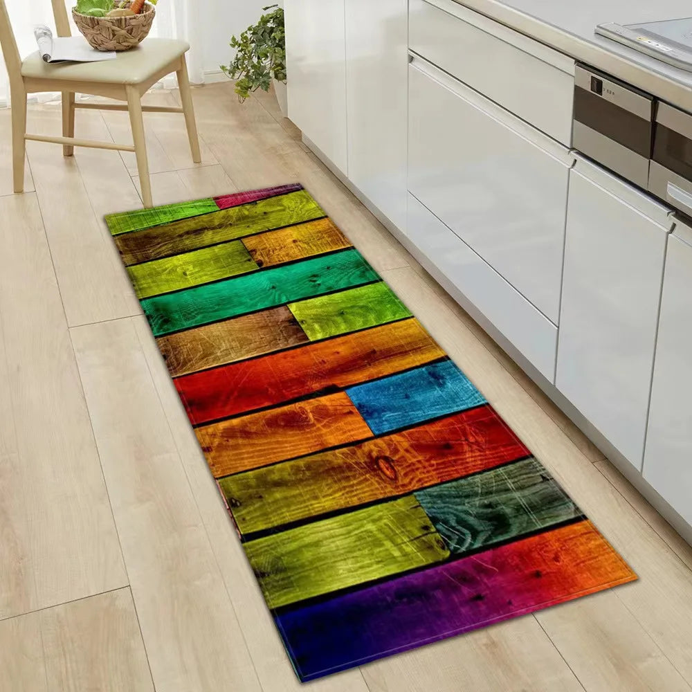 Nouveaux Tapis de Sol de Cuisine à Panneaux de Bois Arc-en-Ciel, Tapis Antidérapants pour Buanderie, Salle de Bain, Entrée, Tapis de Décoration Intérieure