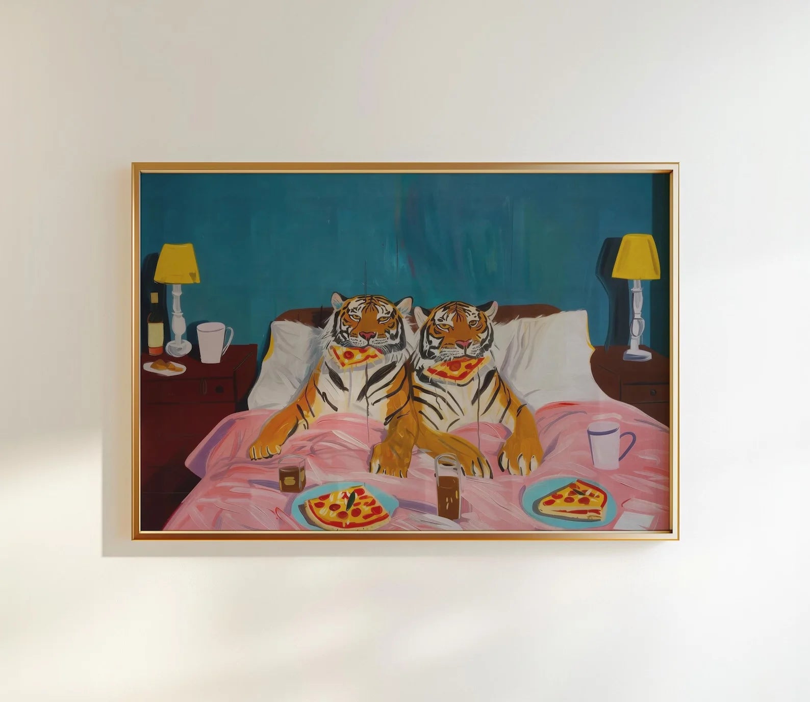 Cuadro de Arte de Pared Tigre Pizza: Arte de Pared Retro Decoración Dopamina, Impresión de Arte de Creatividad, Impresión Grande para el Hogar