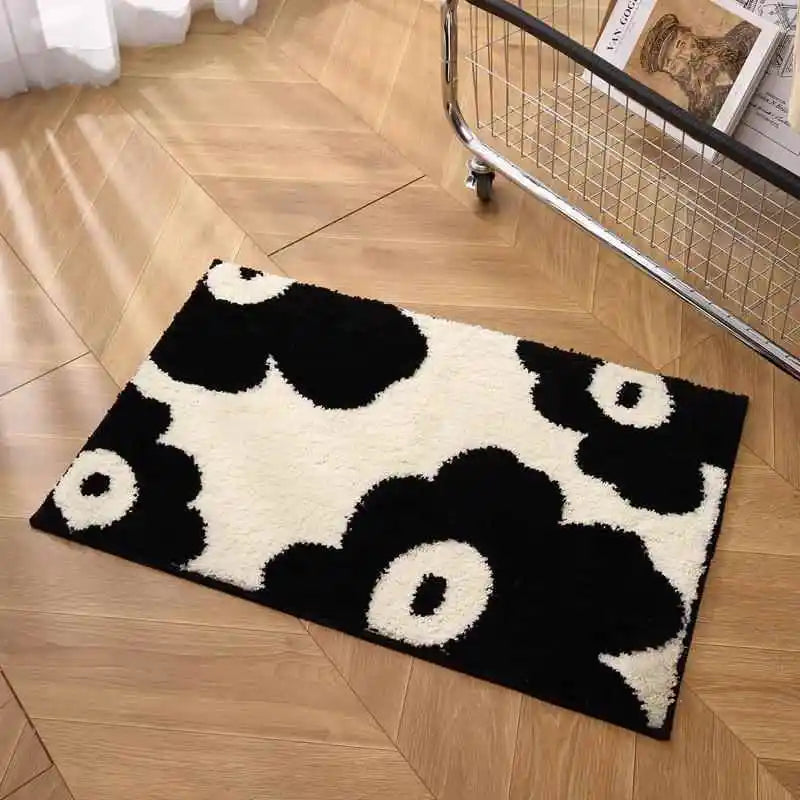 VIKAMA Alfombra corta de felpa estilo Ins, diseño simple en blanco y negro, para entrada, resistente al desgaste y a la suciedad, para baño.
