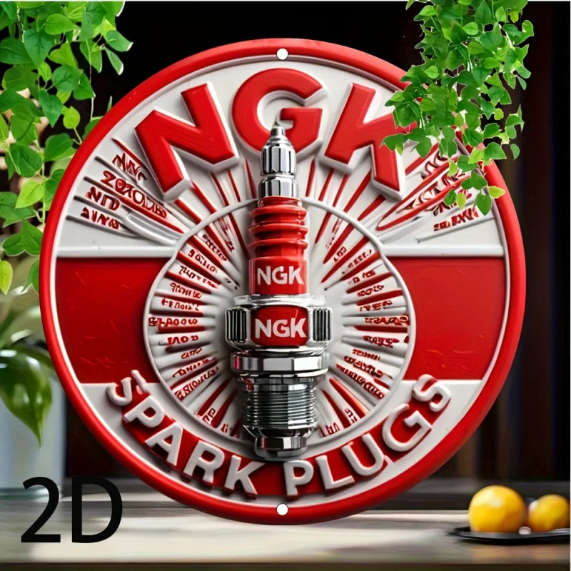 Letrero de pared de aluminio NGK Spark Plugs 2D plano, placa redonda de metal retro 2D, perforado previamente, impermeable, resistente a la intemperie