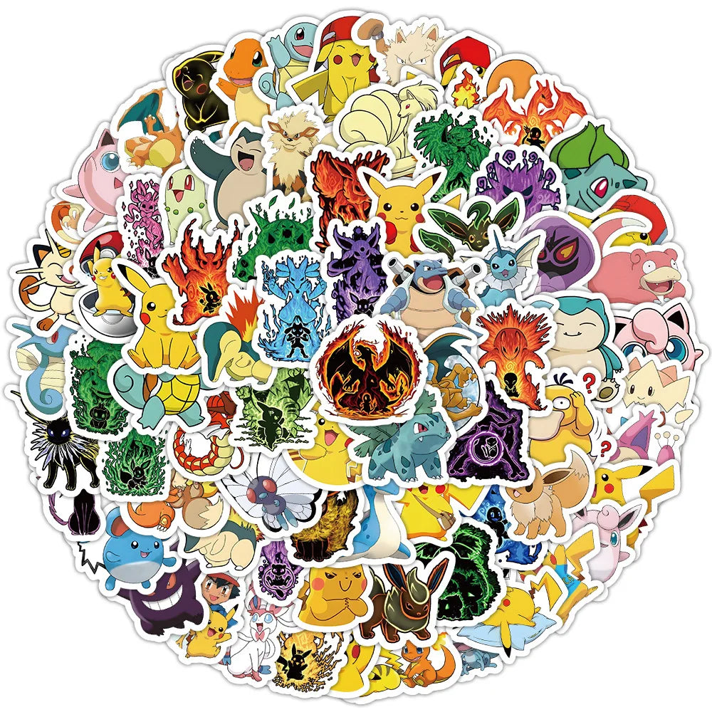 100PCS Kawaii Pikachu Anime Pokemon Pegatinas para Laptop Maleta Monopatín Guitarra Teléfono Pegatina de Dibujos Animados Juguetes de Regalo para Niños