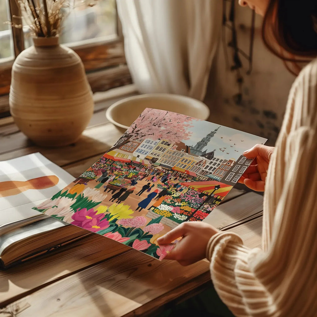 Mercado de flores de Ámsterdam Pintura a la acuarela, Arte de pared de Ámsterdam, Lámina de canales de Ámsterdam, Lámina de viaje de Países Bajos, Póster de ciudad, Nacimie