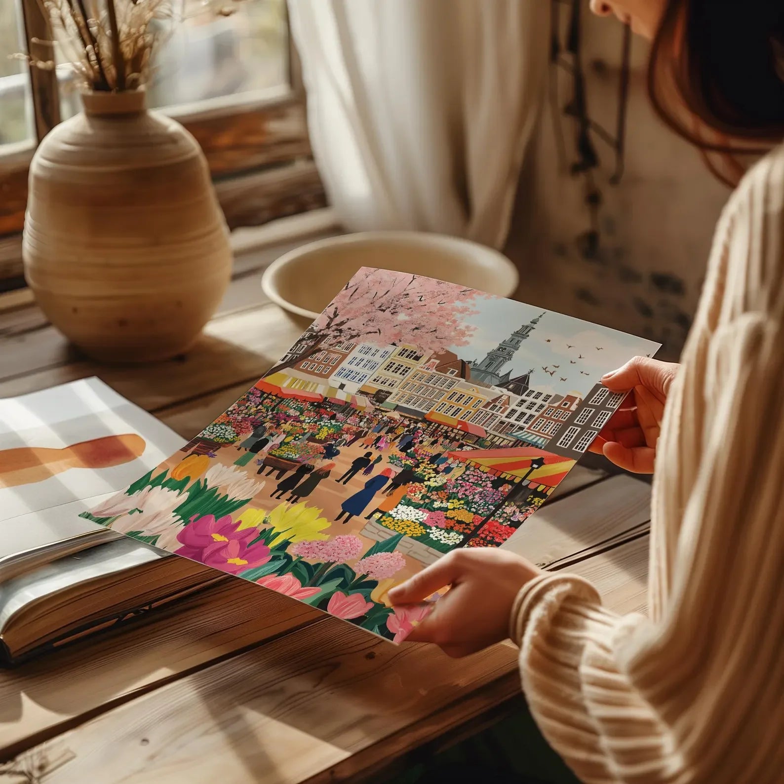 Mercado de flores de Ámsterdam Pintura a la acuarela, Arte de pared de Ámsterdam, Lámina de canales de Ámsterdam, Lámina de viaje de Países Bajos, Póster de ciudad, Nacimie