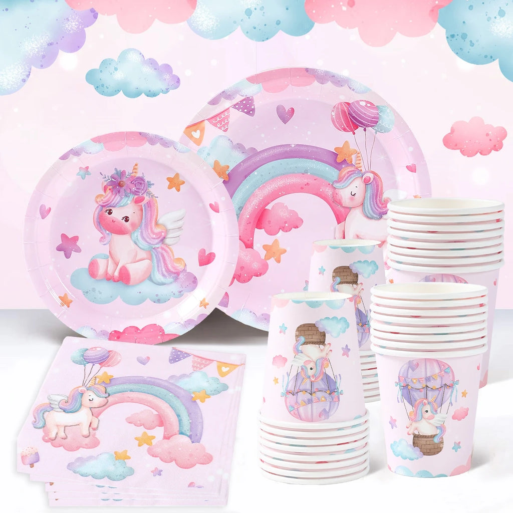 Juego de vajilla desechable de unicornio: platos, vasos, servilletas, decoración de fiesta de cumpleaños para niños y niñas, artículos para fiesta de cumpleaños de boda
