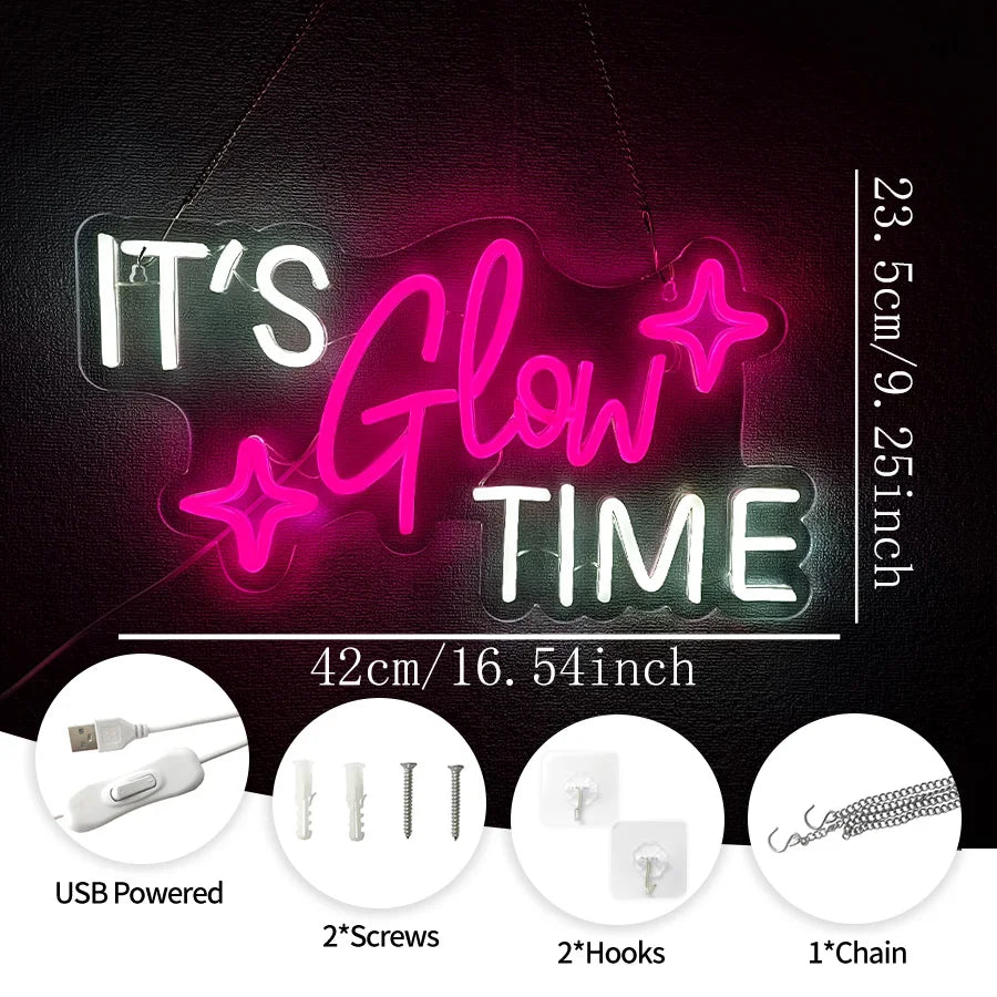 Enseigne Néon « It's Glow Time », Icône Cœur Rose Faite Main Alimentée par USB, Utilisée pour les Enterrements de Vie de Garçon, les Salons de Beauté, la Décoration Artistique des Salons de Manucure.