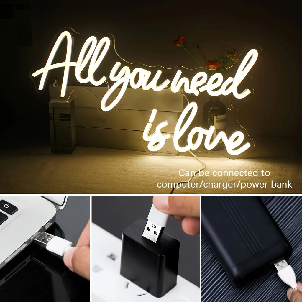 Letrero de neón "All You Need Is Love" Luz de neón LED Decoración de pared para dormitorio Fiesta Cumpleaños Boda Regalo para amigo Alimentado por USB