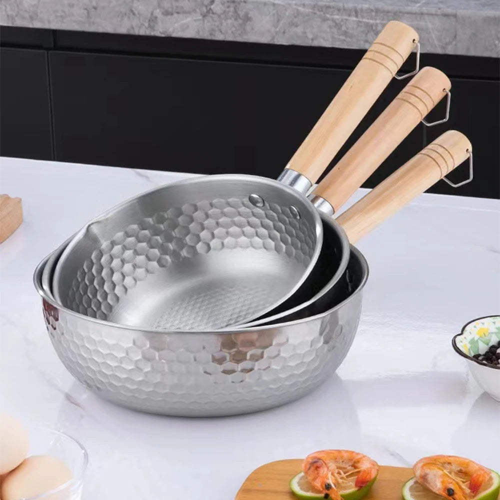 Casserole en acier inoxydable 430, casserole japonaise Snow Pan, wok à frire, poignée en bois, marmite, casserole à lait, ustensiles de cuisine, batterie de cuisine