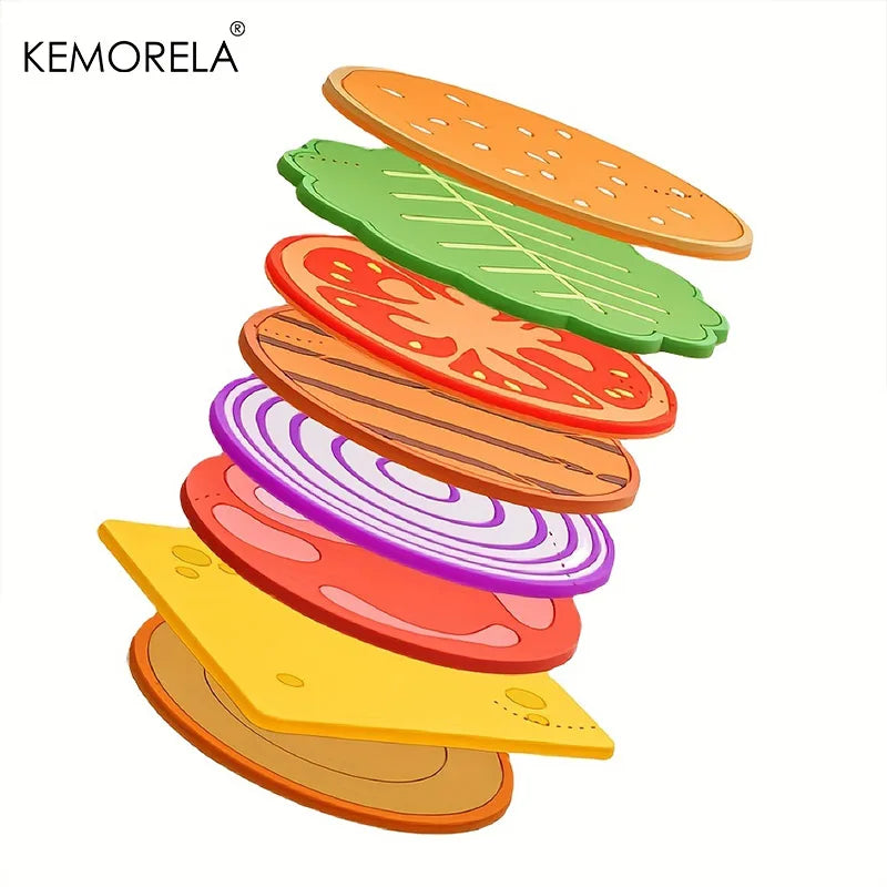 8 unids/set Posavasos con forma de hamburguesa Almohadilla creativa para taza Estera de aislamiento de silicona Soporte para tazas Decoraciones de mesa de comedor de cocina y bar Regalo para niños