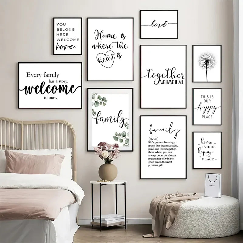 Feliz Familia Cita Arte de Pared Póster Blanco Negro Impresión de Corazón de Amor Pintura en Lienzo Nórdico Imagen Minimalista Decoración de Sala de Estar Dormitorio