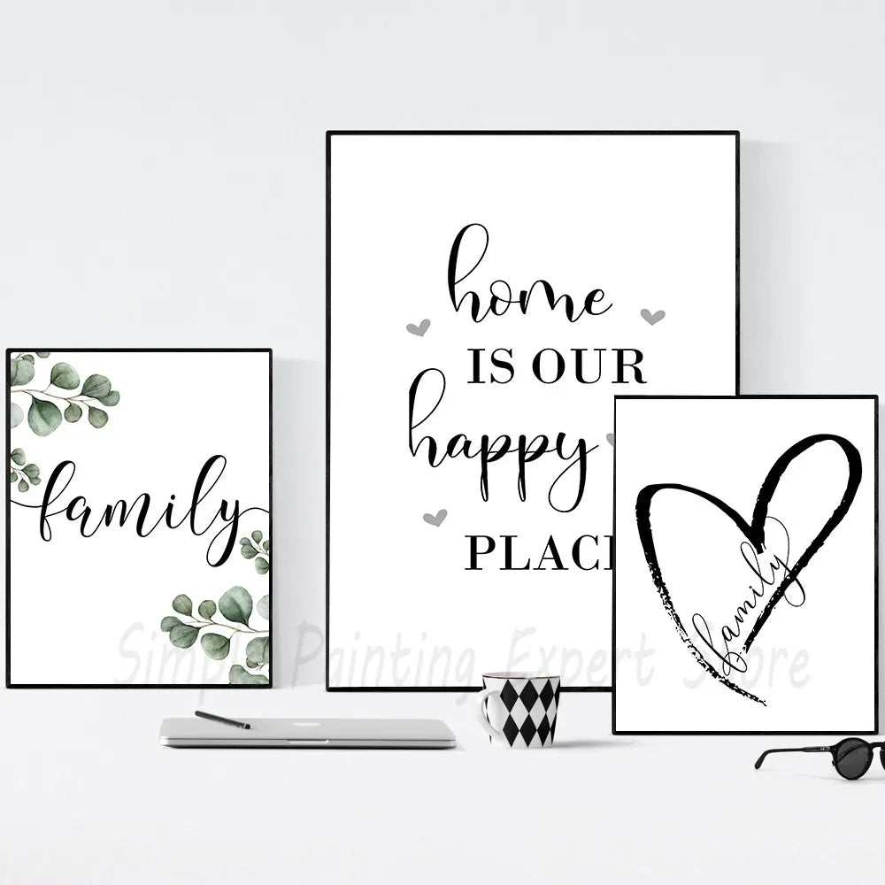Feliz Familia Cita Arte de Pared Póster Blanco Negro Impresión de Corazón de Amor Pintura en Lienzo Nórdico Imagen Minimalista Decoración de Sala de Estar Dormitorio