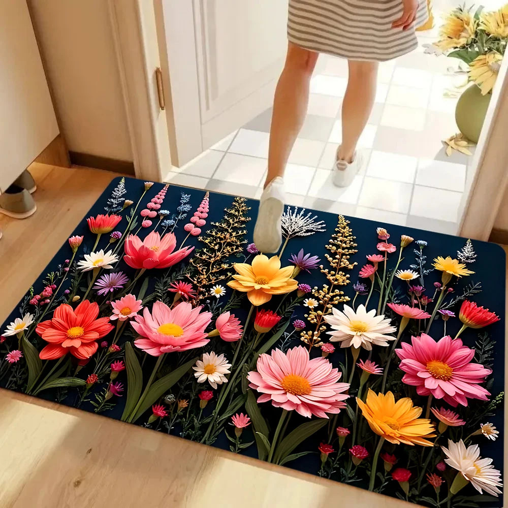 Alfombra Estampada Floral de Primavera Alfombrilla Floral Rosa para Puerta Dormitorio Cocina Sala de Estar Porche Entrada Alfombra Antideslizante