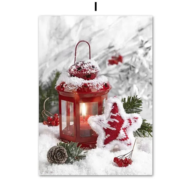 Pintura en lienzo de arte de pared con diseño de paisaje nevado de invierno, póster de Papá Noel de pino y alce e impresión para la decoración navideña del hogar y diseño de sala de estar