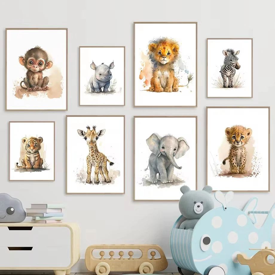 Pintura en lienzo de elefante, león, jirafa, tigre, cebra, arte de pared, carteles y grabados de animales, imágenes de pared, decoración de habitación de bebés y niños