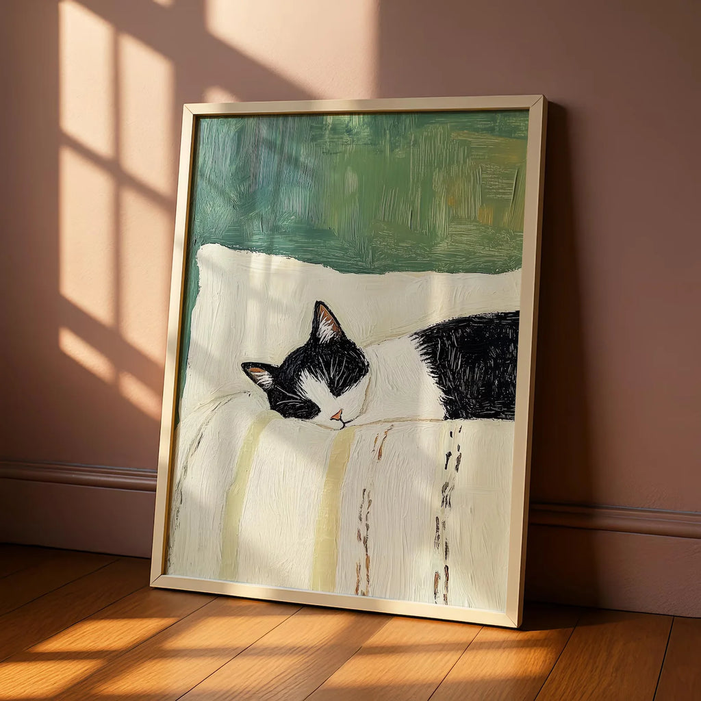 Sleeping Tuxedo Cat Wall Art Print: Black and White Cat Painting, Unframed Cat Poster gift decoration