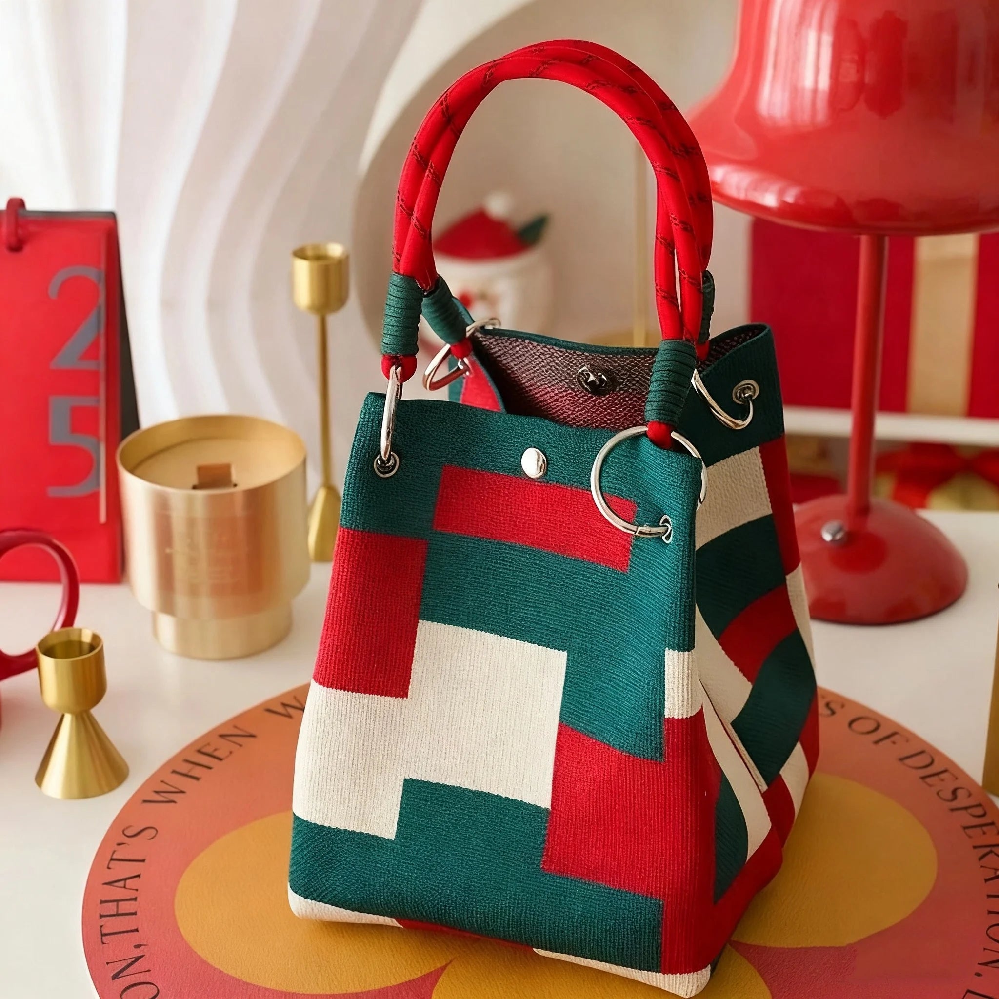 Bolso tote de punto vintage floral para mujer, bolsa de almacenamiento ligera con correas ajustables y anillos de metal, cierre de broche para viajes casuales