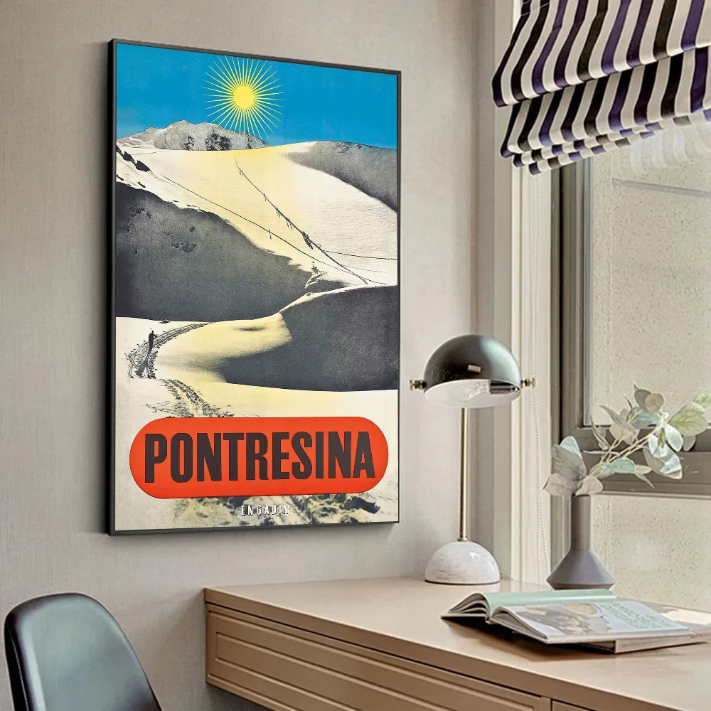 Póster de Arte de Esquí Vintage Montaña Nieve Suiza Bernesa HD Pósters Decoración Hogar Habitación Bar Cafetería Pintura Mural