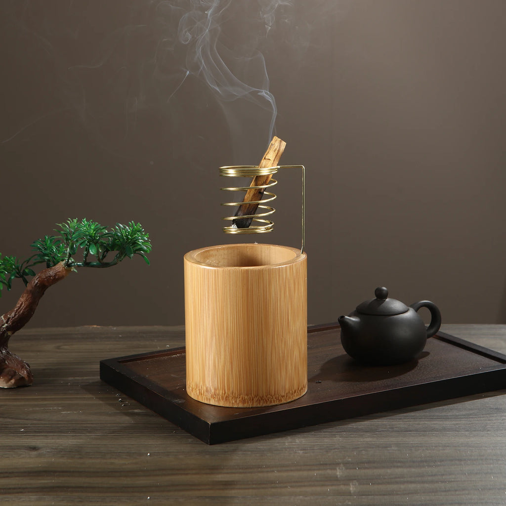 Support en bambou pour Palo Santo, brûleur en métal, support de sauge avec plateau de récupération des cendres en bambou, porte-encens pour méditation, yoga, spa