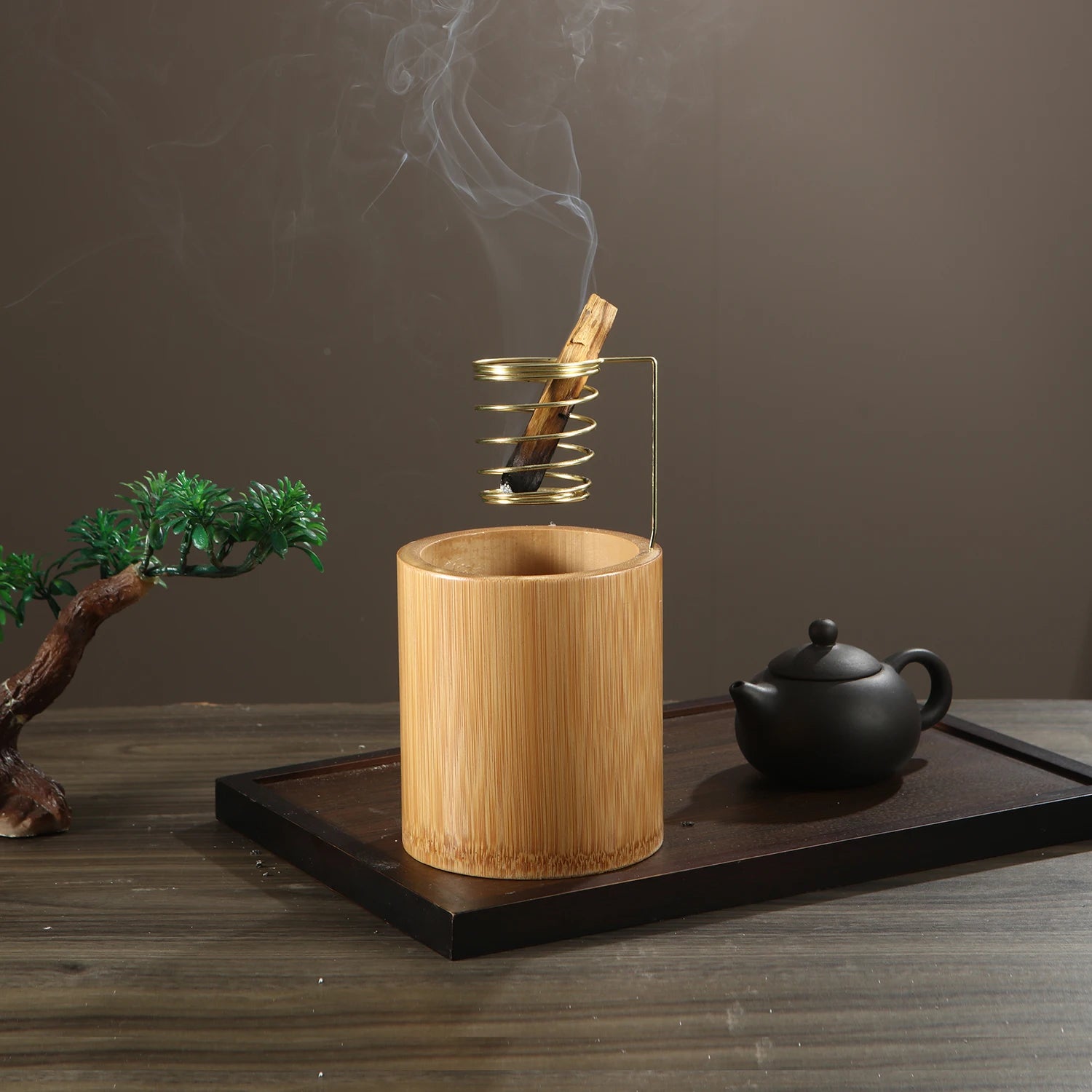 Support en bambou pour Palo Santo, brûleur en métal, support de sauge avec plateau de récupération des cendres en bambou, porte-encens pour méditation, yoga, spa