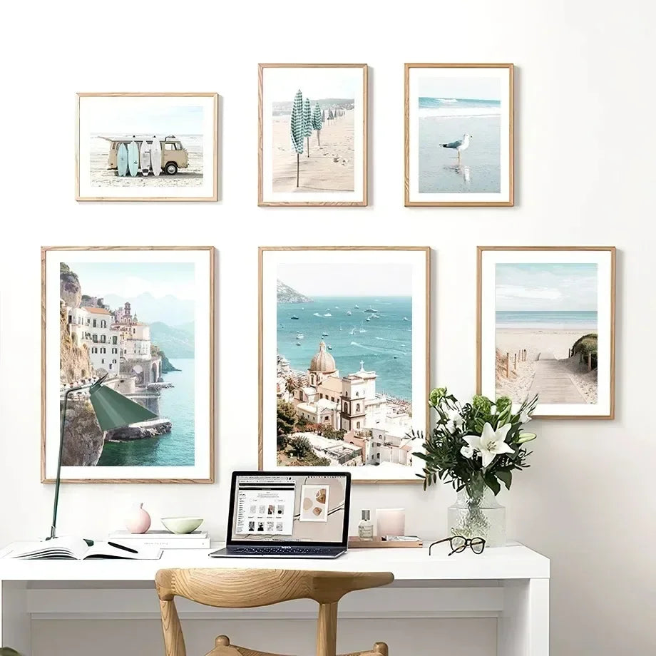 Planche de Surf Mouette Parasol Mer Bleue Tableau Mural sur Toile Affiches et Impressions Nordiques Photos Murales Pour Salon Décoration