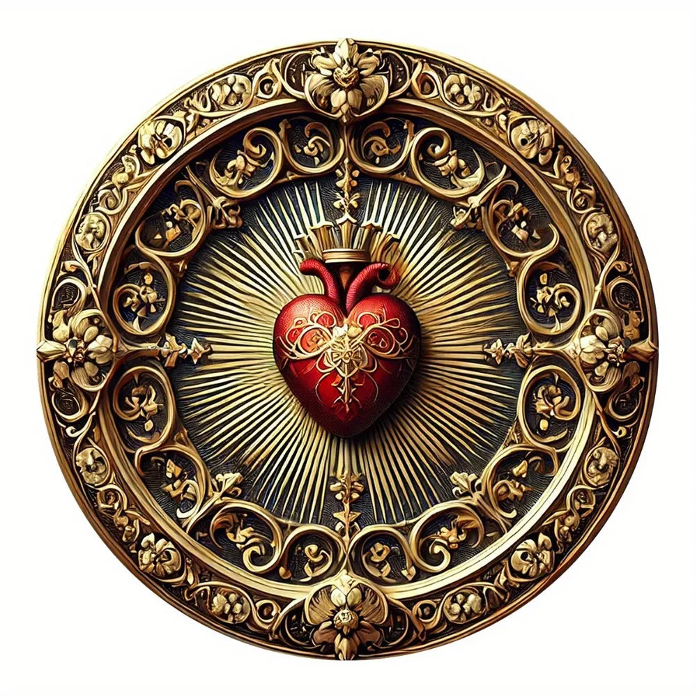 Arte de Pared Vintage del Sagrado Corazón de Aluminio - Decoración Religiosa Dorada y Roja, Arte Espiritual para el Hogar u Oficina