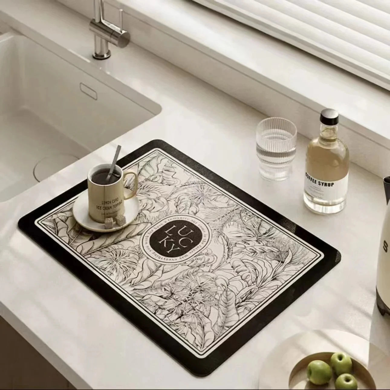 VIKAMA Mantel Individual Súper Absorbente de Mármol Negro para Secar Platos, Alfombrilla Antideslizante para Botellas de Cocina, Vajilla de Lujo para Tetera, Bar, Mostrador